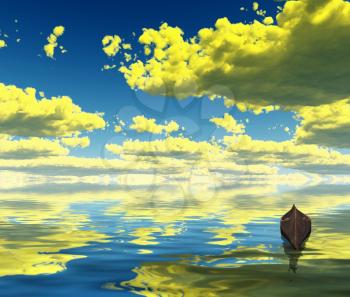 Empty boat. Yellow clouds are reflected in water. 3D rendering