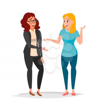 Talking Women Vector. Laughing Friends, Office Colleagues. Communicating Girls. Business Person. Situation. Isolated Cartoon Illustration