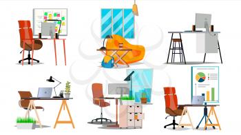 Office Workplace Set Vector. Interior Of The Office Room, Creative Developer Studio. PC, Computer, Laptop, Table, Chair. Interior. Furniture Workplace For Programmer, Designer, Salesman Isolated Flat Illustration