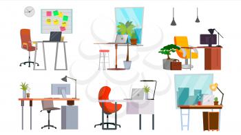 Office Workplace Set Vector. Interior Of The Office Room, Creative Developer Studio. PC, Computer, Laptop, Table, Chair. Isolated Illustration