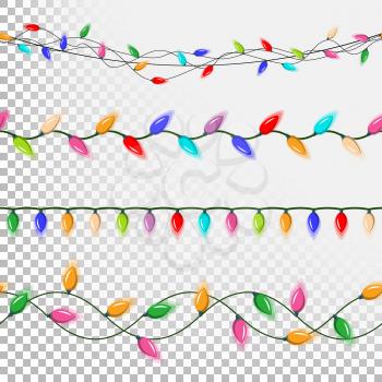 Christmas Lights Decorations Vector. Flat Lights Set. Strings Of Mini Christmas Lights. Isolated On Transparent Background Illustration
