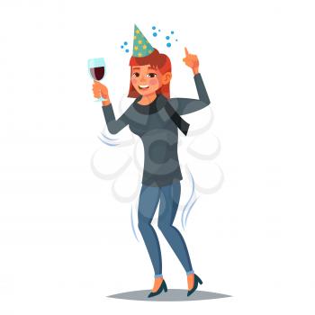 Drunk Business Woman Vector. Corporate Party. Relaxing Concept. Meet up Party. Celebrating Victory In Office. Flat Cartoon Illustration