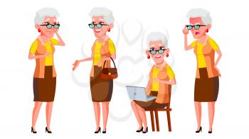Old Woman Poses Set Vector. Elderly People. Senior Person. Aged. Comic Pensioner. Lifestyle. Postcard, Cover, Placard Design Isolated Cartoon Illustration