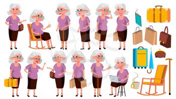 Old Woman Poses Set Vector. Elderly People. Senior Person. Aged. Funny Pensioner. Leisure. Postcard, Announcement, Cover Design Isolated Cartoon Illustration