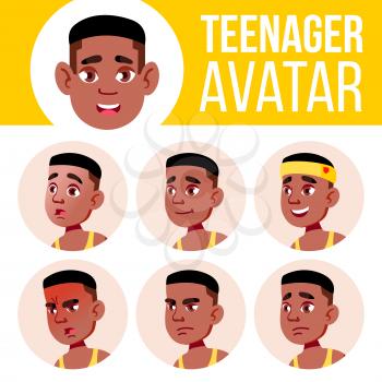 Teen Boy Avatar Set Vector. Black. Afro American. Face Emotions. High, Child Pupil. Small, Junior Head Illustration