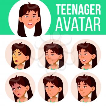 Asian Teen Girl Avatar Set Vector. Face Emotions. Facial, People. Active, Joy Head Illustration