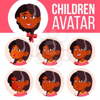 Girl Avatar Set Kid Vector. Kindergarten. Indian, Hindu. Asian. Face Emotions. Happy Childhood, Positive person, small sister. Smile Beautiful Funny Banner Flyer Cartoon Illustration