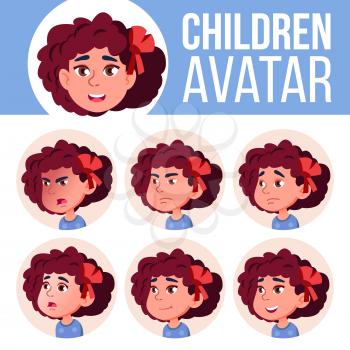 Girl Avatar Set Kid Vector. Kindergarten. Face Emotions. Web, Head, Icon. Beauty Lifestyle Friendly Poster Clipart Cartoon Illustration