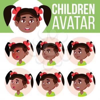 Girl Avatar Set Kid Vector. Kindergarten. Black. Afro American. Face Emotions. Children, Young People. Active, Joy Leisure Design Brochure Cartoon Illustration