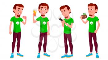 Teen Boy Poses Set Vector. Leisure, Smile. For Web, Brochure, Poster Design. Isolated Cartoon Illustration