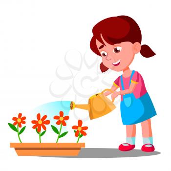 Little Girl Watering Flowers Vector. Help. Illustration