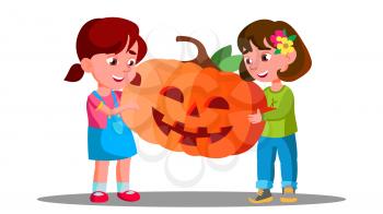 Group Of Children Celebrating Halloween With Pumpkin In Hands Vector. Autumn Holidays. Illustration