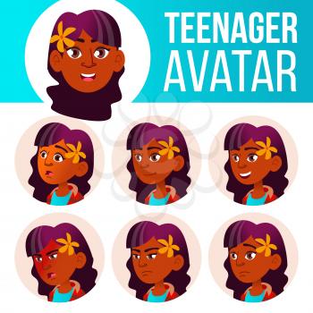 Teen Girl Avatar Set Vector. Indian, Hindu. Asian. Face Emotions. Emotional. Casual Friend Head Illustration