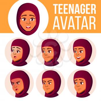 Teen Girl Avatar Set Vector. Arab, Muslim. Face Emotions. Flat, Portrait. Cute Comic Web Cartoon Illustration