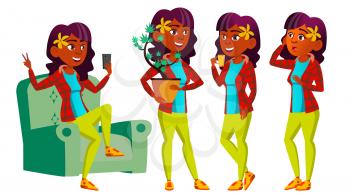 Teen Girl Poses Set Vector. Indian, Hindu. Asian. Emotional, Pose. For Advertising, Placard Print Design Isolated Cartoon Illustration