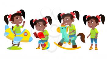 Girl Kindergarten Kid Poses Set Vector. Black. Afro American. Little Child. Funny Toy. Having Fun On Playground. For Advertising, Placard Design. Isolated Cartoon Illustration