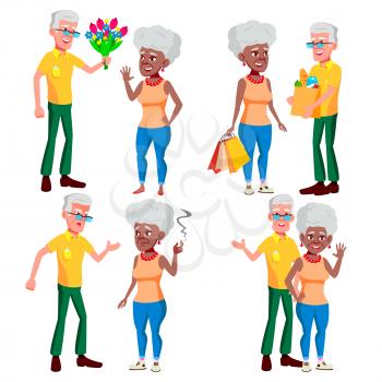 Elderly Couple Set Vector. Grandpa With Grandmother. Lifestyle. Elderly Family. Grey-haired Characters. Couple Of Elderly People. Afro American, European. Isolated Cartoon Illustration