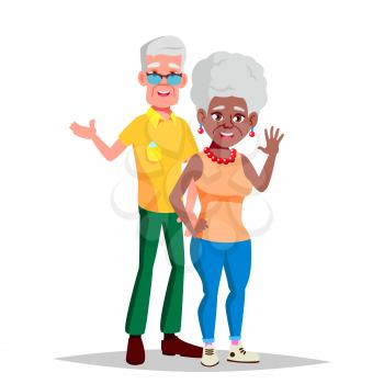 Elderly Couple Vector. Grandpa With Grandmother. Lifestyle. Couple Of Elderly People. Afro American, European. Isolated Flat Cartoon Illustration