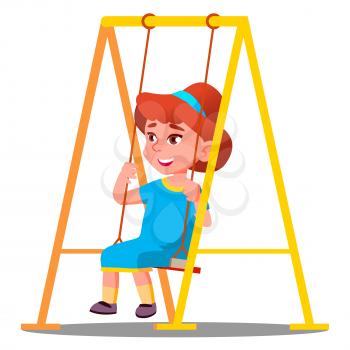Little Girl Having Fun On A Swing In The Playground Vector. Illustration