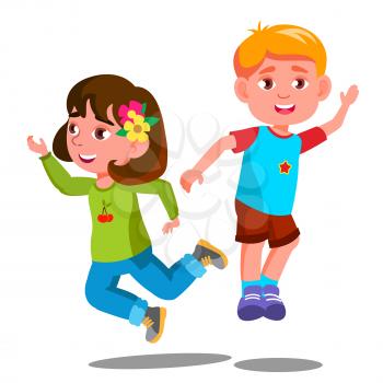 Group Of Happy Children Are Jumping Together Vector. Illustration
