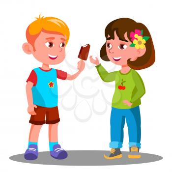 Little Boy Treats An Ice Cream To A Little Girl Vector. Illustration