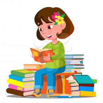 Child Sitting With A Lot Of Books In The Library Vector. Illustration