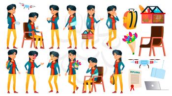 Asian Teen Girl Poses Set Vector. Positive Person. For Postcard, Cover, Placard Design. Isolated Cartoon Illustration