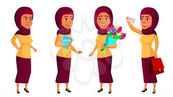 Teen Girl Poses Set Vector. Arab, Muslim. Fun, Cheerful. For Web, Poster, Booklet Design Isolated Cartoon Illustration
