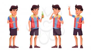Asian Teen Boy Poses Set Vector. Beer. Hello. Funny, Friendship. For Advertisement, Greeting, Announcement Design Isolated Illustration