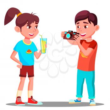 Little Boy Takes A Picture Of A Beautiful Girl Vector. Illustration