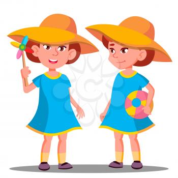 Smiling Little Girl In A Big Hat On The Beach Vector. Illustration