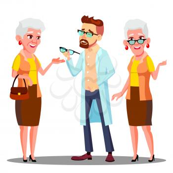 European Oculist Doctor Giving Glasses To Old Woman Patient With Vision Problem Vector. Isolated Illustration