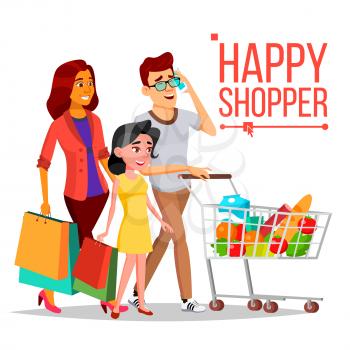 Shopping Woman Vector. Happy Family Couple. Grocery Cart. Joyful Female. Holding Paper Bags. Groceries In Shop, Supermarket. Shopping Day. Pleasure Of Purchase. Business Isolated Illustration