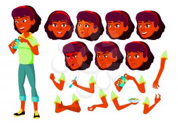 Teen Girl Vector. Indian, Hindu. Asian. Teenager. Face. Children. Face Emotions, Various Gestures Animation Creation Set Isolated Cartoon Character Illustration