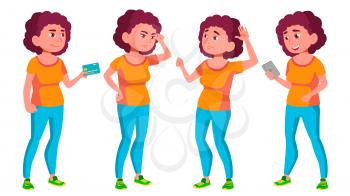 Fat Teen Girl Poses Set Vector. Beauty, Lifestyle. For Web, Poster, Booklet Design. Isolated Illustration