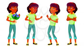 Teen Girl Poses Set Vector. Indian, Hindu. Asian. Positive Person. For Postcard, Cover, Placard Design Isolated Illustration