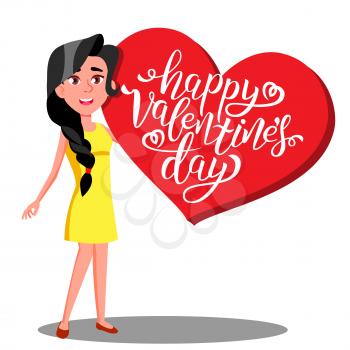 Teen Girl Carrying A Big Heavy Valentine s Day Heart In Hands Vector. Isolated Illustration
