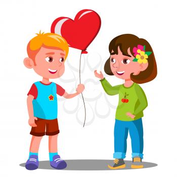Little Boy Gives The Girl Red Heart Balloon Vector. Isolated Illustration