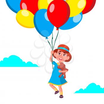Happy Child Girl Flying In The Sky On Balloons Vector. Isolated Illustration