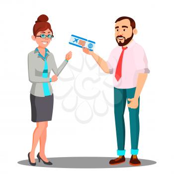 Man Presenting Airplane Ticket To Happy Woman Vector. Illustration