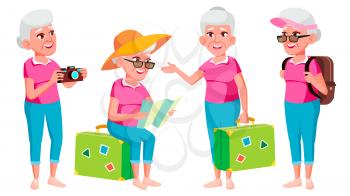 Old Woman Poses Set Vector. Elderly People. Senior Person. Aged. Tourist, Tourism. Caucasian Retiree. Smile. Advertisement Greeting Announcement Design Isolated Cartoon Illustration