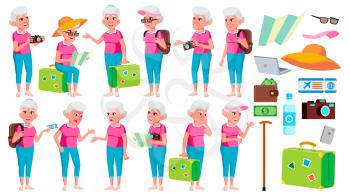 Old Woman Poses Set Vector. Elderly People. Senior Person. Aged. Tourist, Tourism. Active Grandparent. Joy. Presentation Print Invitation Design Isolated Cartoon Illustration