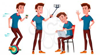 Teen Boy Poses Set Vector. Activity, Beautiful. For Postcard, Cover, Placard Design. Isolated Cartoon Illustration