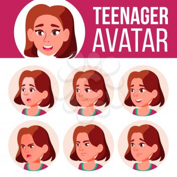 Teen Girl Avatar Set Vector. Face Emotions. High, Child Pupil. Small, Junior Cartoon Illustration