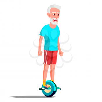 Old Man On Hoverboard Vector. Riding On Gyro Scooter. One-Wheel Electric Self-Balancing Scooter. Positive Person. Illustration