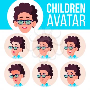 Boy Avatar Set Kid Vector. High School. Face Emotions. Children. Beautiful, Funny Head Illustration