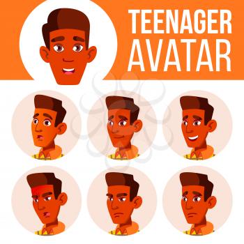 Teen Boy Avatar Set Vector. Indian, Hindu. Asian. Face Emotions. Head, Icon. Childish Happiness Enjoyment Head Illustration