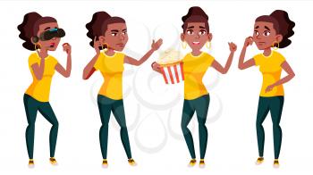 Teen Girl Poses Set Vector. Black. Afro American. Fun, Cheerful. For Web, Poster, Booklet Design Isolated Illustration
