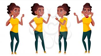 Teen Girl Poses Set Vector. Black. Afro American. Adult People. Casual. For Advertisement, Greeting, Announcement Design. Isolated Cartoon Illustration