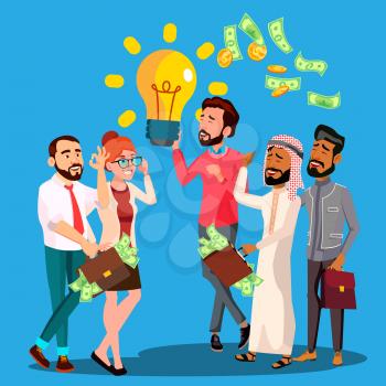 Business Idea Vector. A Man Holding Light Bulb In Hands. Queue Of Multinational Businessmen With Money Bags, Bunch Cash In Hands. Illustration